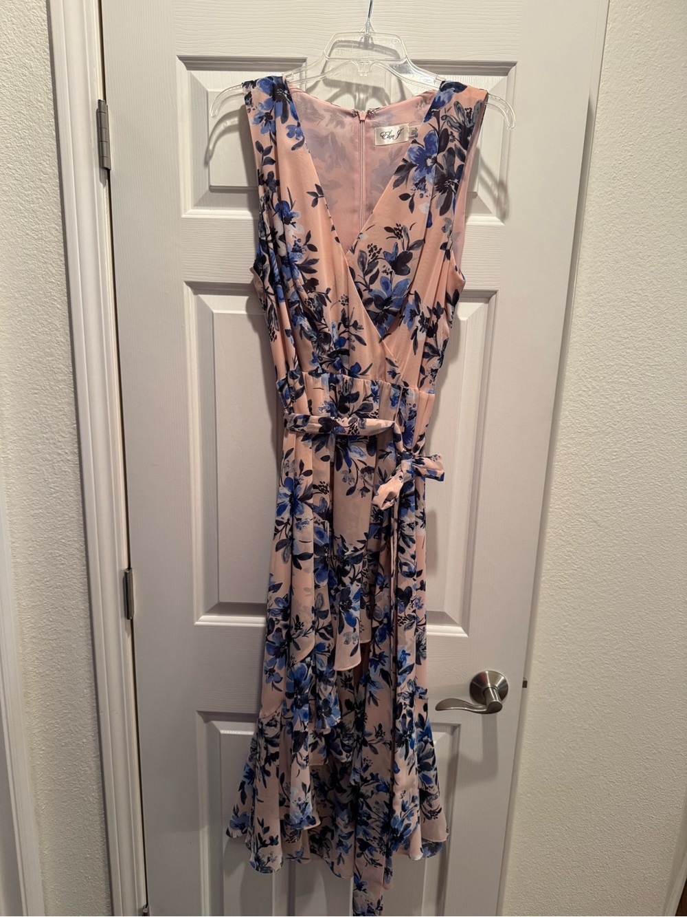 Eliza J Blush high/low Dress with Blue Floral Print